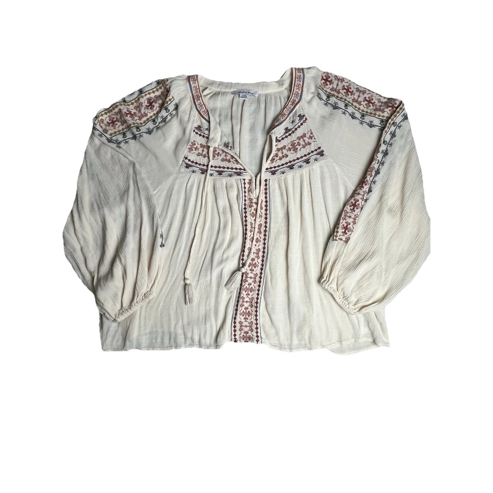 American Eagle Floral V-neck Top Embroidered Ballon Sleeve Light Boho Peasant Lg